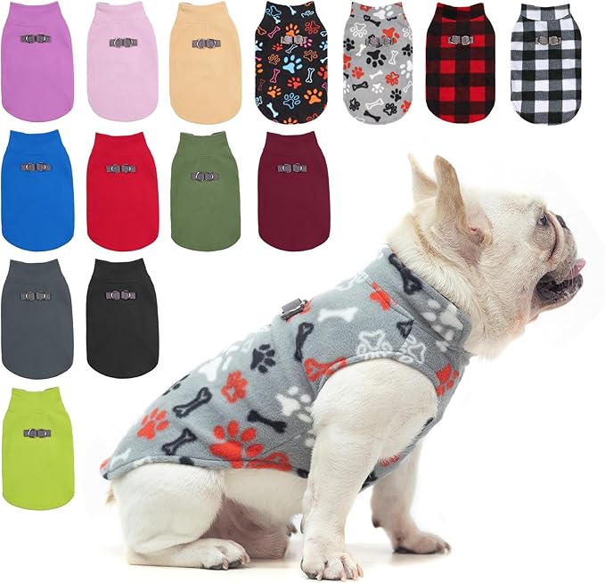 BEAUTYZOO Small Dog Sweater Fleece Vest Winter Jacket, D-Ring Leash Attachment for XS S Puppy Medium Sized Breeds Dogs, Cold Weather Dog Clothes Windproof Keep Warm, Grey Bones Paw M