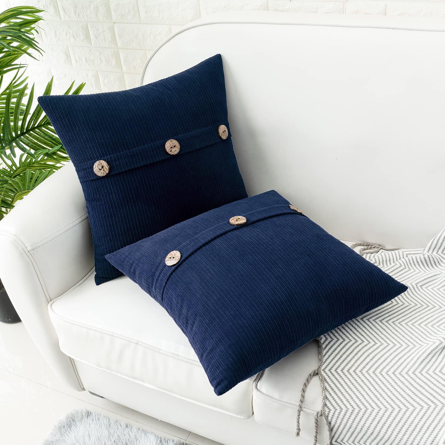 HWY 50 Navy Blue Chenille Throw Pillow Covers 20x20 Inch with Triple Buttons, Soft Farmhouse Accent Decorative Cushion Cases for Couch Sofa Bed Living Room Pack of 2