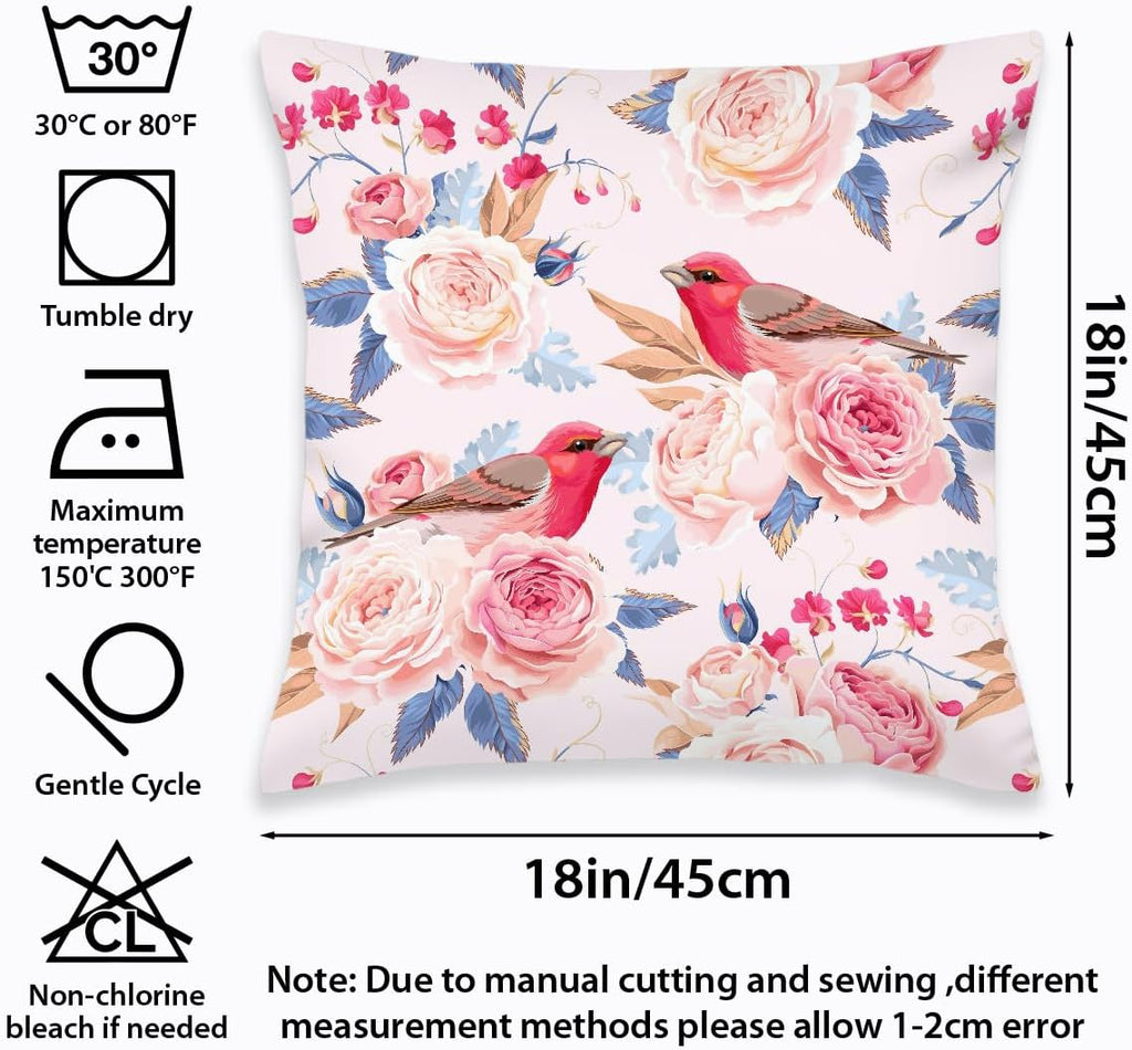 2 Pcs Pink Rose Bird Decorative Throw Pillow Cover, Vintage Natural Flower Bouquet Art Design Square Pillowcases for Couch Sofa Bed Bedroom Apartment Dorm Living Room Office Home Decor