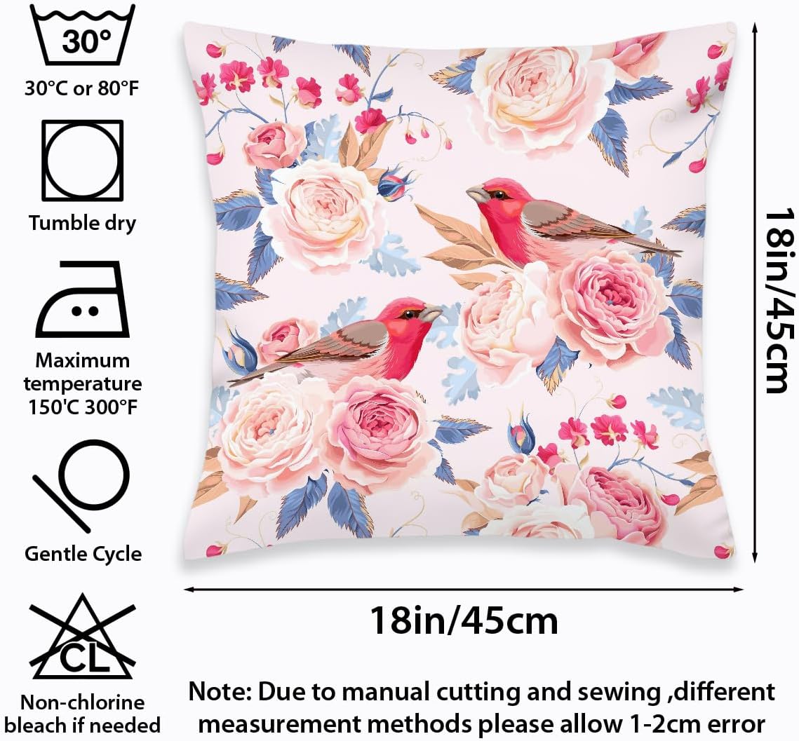 2 Pcs Pink Rose Bird Decorative Throw Pillow Cover, Vintage Natural Flower Bouquet Art Design Square Pillowcases for Couch Sofa Bed Bedroom Apartment Dorm Living Room Office Home Decor