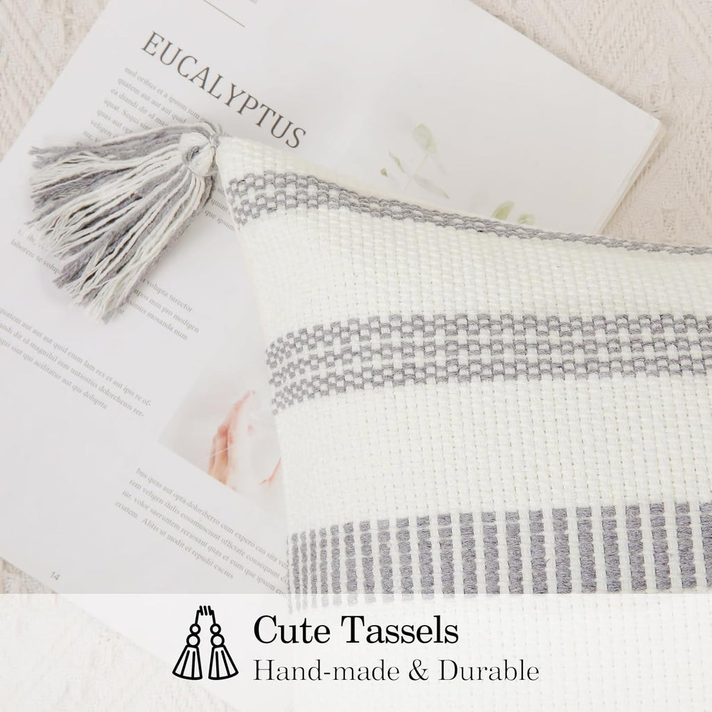 Smile Bee Boho Outdoor Couch Throw Pillow Covers Set of 2 Decorative Thick Woven Striped Accent Neutral Pillow Covers with Tassels for Bed Sofa Home Decor 20x20 Inch, Grey and Cream White