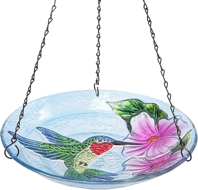 MUMTOP Hanging Bird Baths for Outdoors - Glass Bird Bath, 11 Inch Hanging Bird Bath Hummingbird Bird Feeder Bowl for Outside, Garden, Lawn Yard Decor