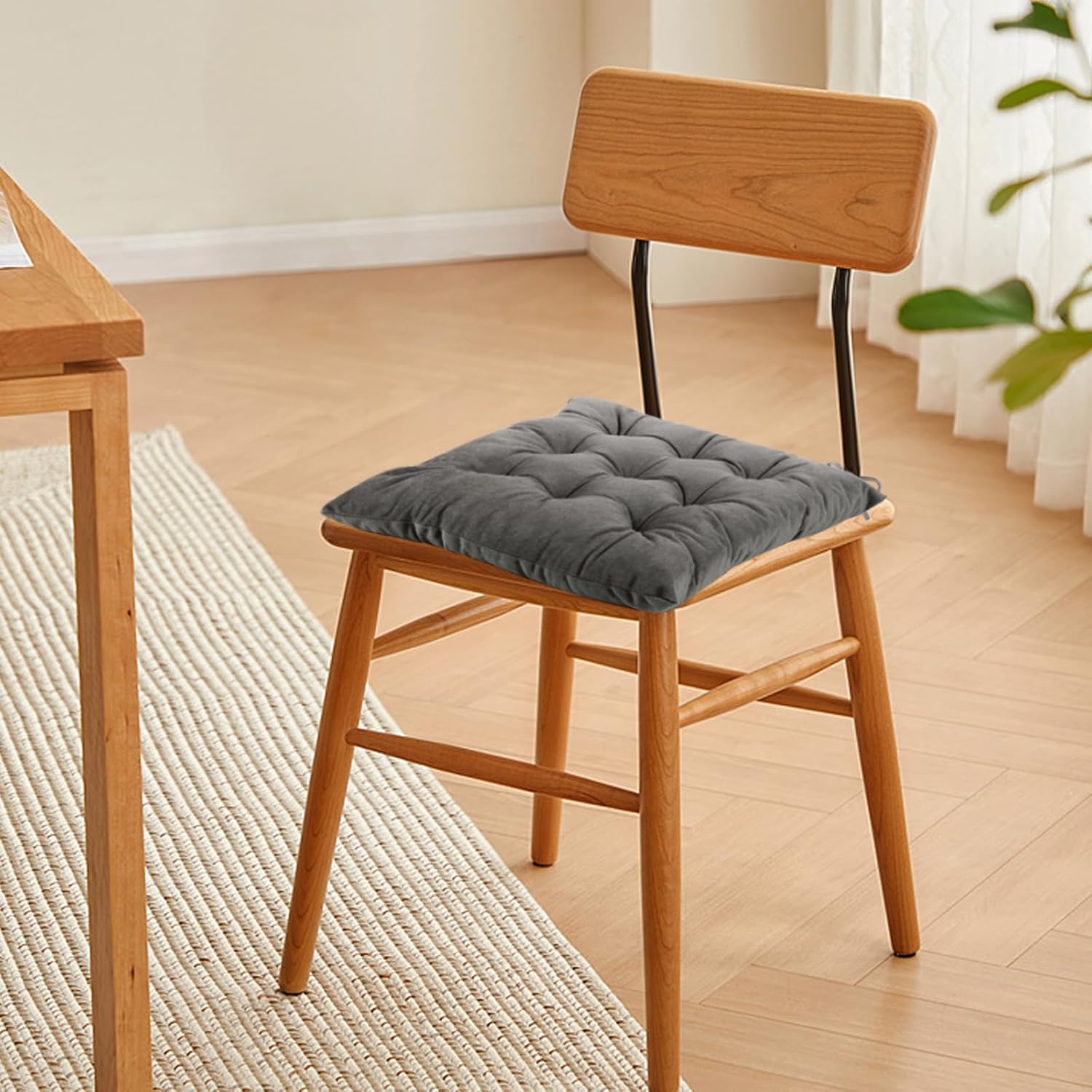 2 Pack Square Seat Cushion Chair Pads for Kitchen Dining Chairs, Soft Comfort Velvet Chair Mat Pillow Cushions with Ties for Office Desk Living Room Tatami 15.5", Dark Gray
