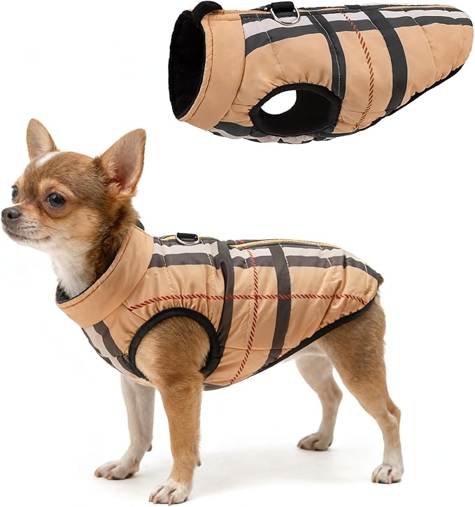 SCENEREAL Winter Dog Vest Coat with Harness Built in, Warm Puppy Jacket for Small Medium Dogs, Cold Weather Coat with Zipper, Fleece Puffer Vest Windproof Snow Clothes, Beige Plaid S
