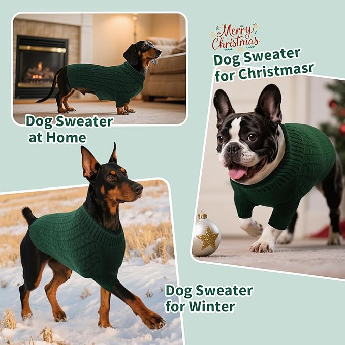SAWMONG Dog Sweater, Dog Sweaters for Medium Dogs Girls Boys, Pullover Turtleneck Knitted Doggy Sweatshirt, Cold Weather Pet Clothes（Green, Medium