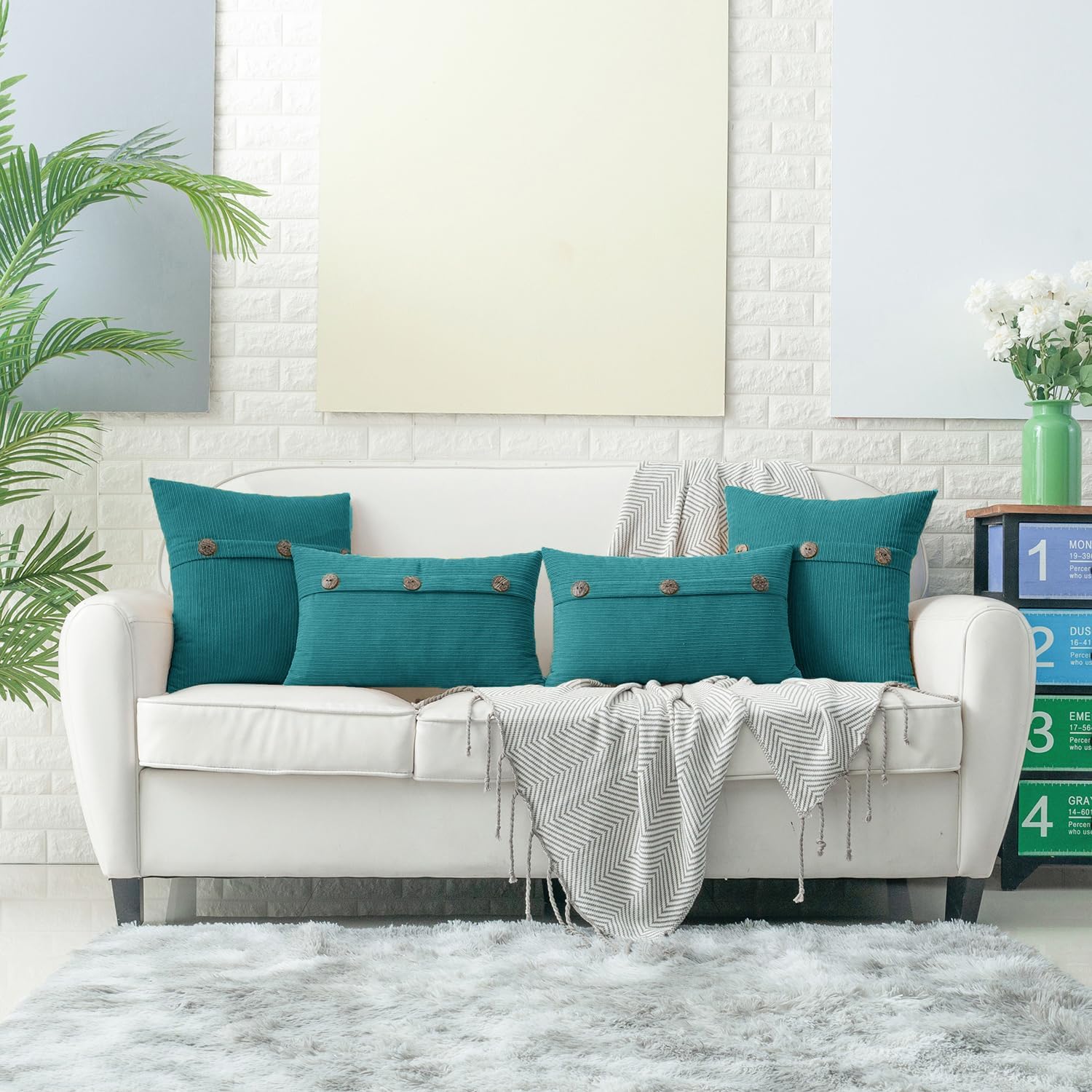 HWY 50 Teal Chenille Throw Pillow Covers 16x16 Inch with Triple Buttons, Soft Farmhouse Accent Decorative Cushion Cases for Couch Sofa Bed Bedroom Pack of 2