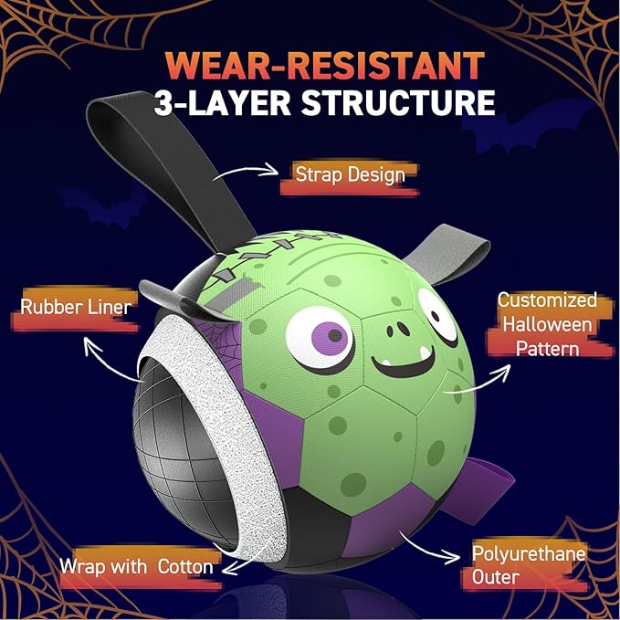 QDAN Dog Toys Ball: Dog Soccer Balls with Straps- Outdoor Herding Balls Toys for Small Medium Dogs- Christmas Puppy Pet Birthday Gifts- 6 Inch Purple Green