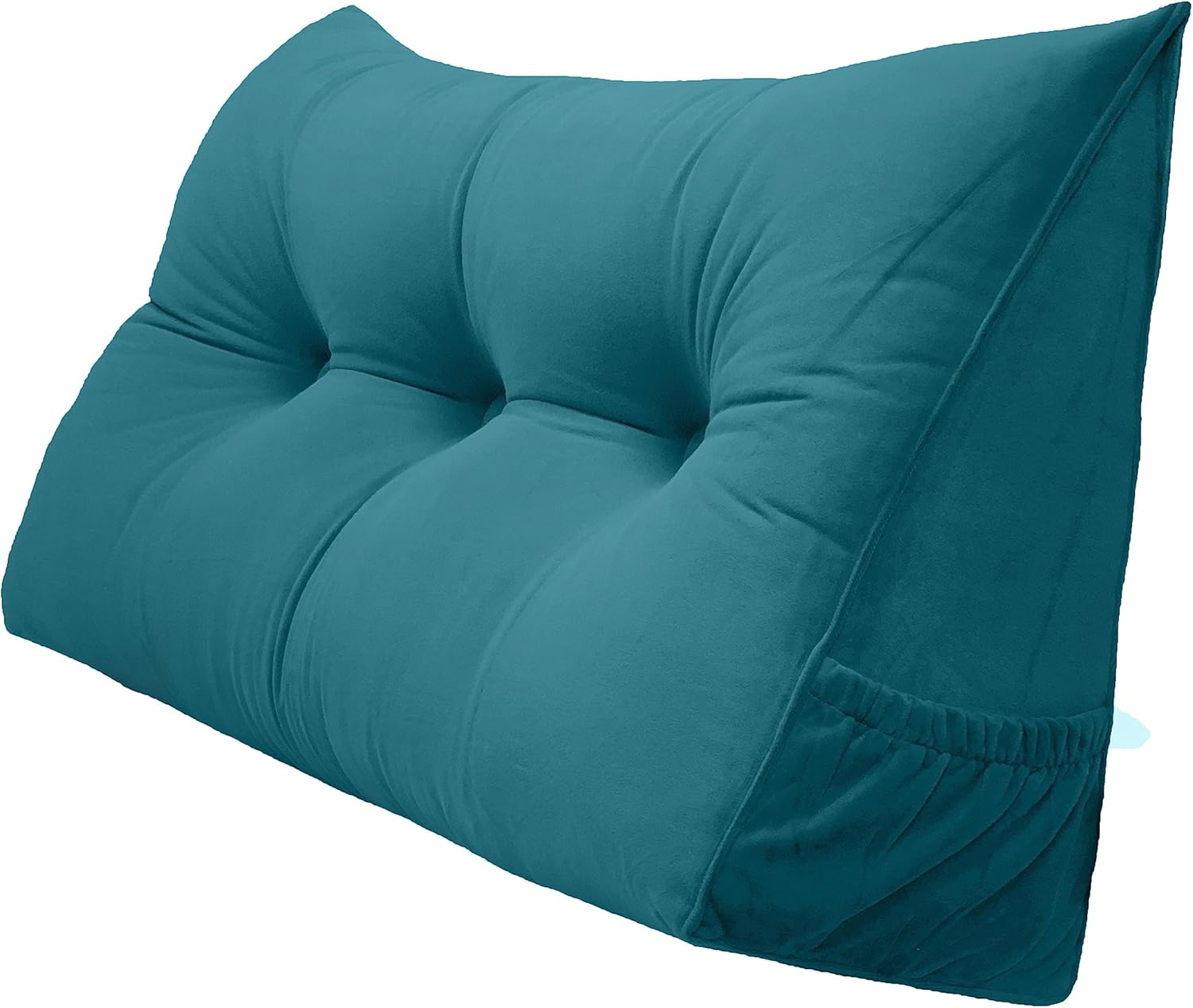 Triangular Reading Bed Rest Pillow Large Bolster Cushion Headboard Backrest Wedge Pillow with Removable Cover and Two Large Side Pockets (Teal, 47 x 8 x 20 inches)