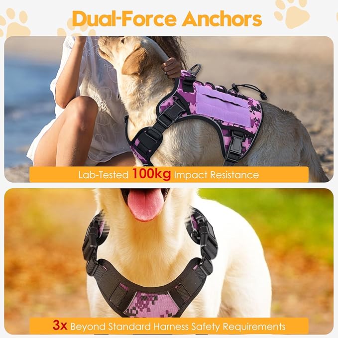 Heavy-Duty Tactical Dog Harness for Large Dogs, No Pull Adjustable Reflective Pet Vest with Molle System, K9 Military-Grade Control for Service Training, Outdoor & 10+ Breeds, Purple Camo, X-Large