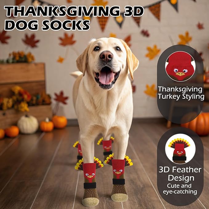 EXPAWLORER Thanksgiving Anti Slip Dog Socks to Prevent Licking Paws,Boots & Paw Protectors with Grippers,Doggie Booties for Hardwood Floors for Small Medium Large Senior Dogs Lifelike Costume Turkey M