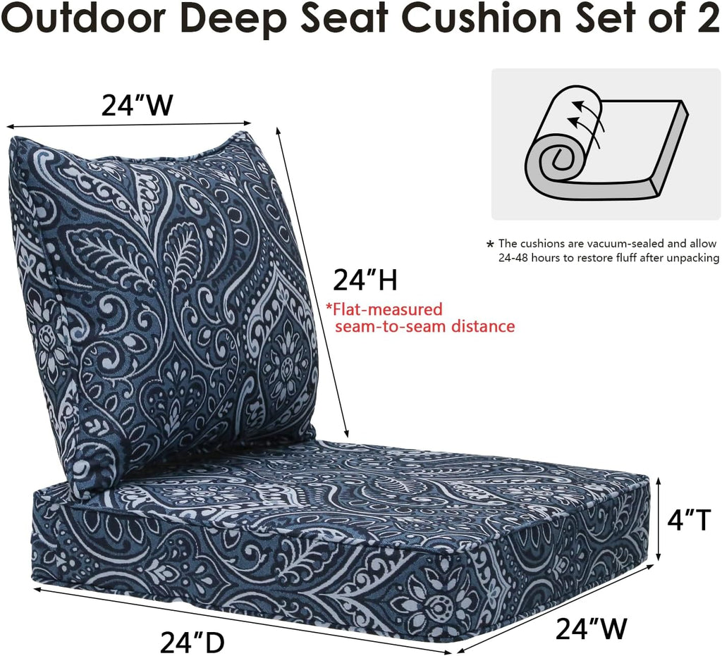 Outdoor Patio Chair Cushions Set, 24" x 24", Set of 2, Water-Repellent, Fade Resistant, Deep Seat Bottom and Back Cushion for Backyard, Couch, Sofa and Patio Furniture, Damask Blue Flower
