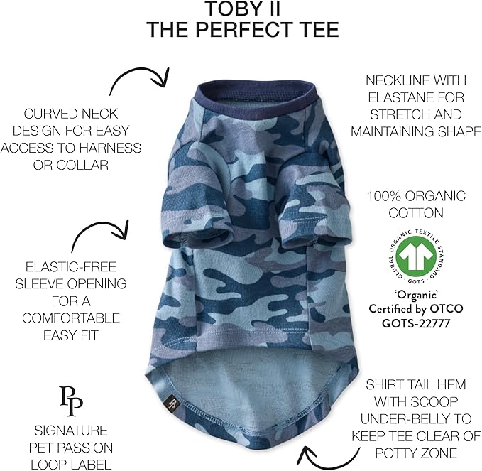 Toby II - The Perfect Tee, 3 Pack Short Sleeve Pet T-Shirt 100% Organic Cotton Tees Clothes for Small, Medium, Large Dogs, Navy Camo, Medium