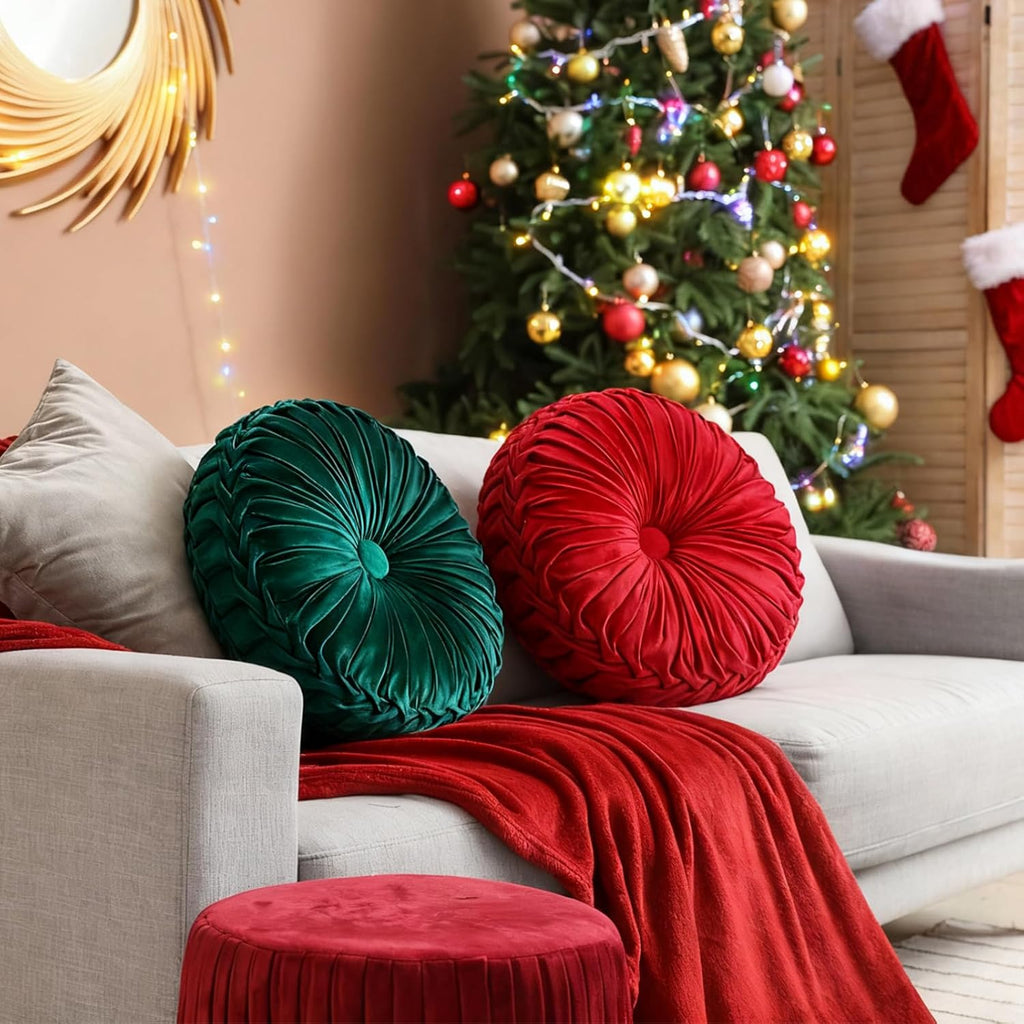 2 Pcs Round Throw Pillows 15 Inch Decorative Velvet Pleated Pumpkin Floor Boho Pillows for Living Room Couch Chair Bed Sofa (Red and Green)