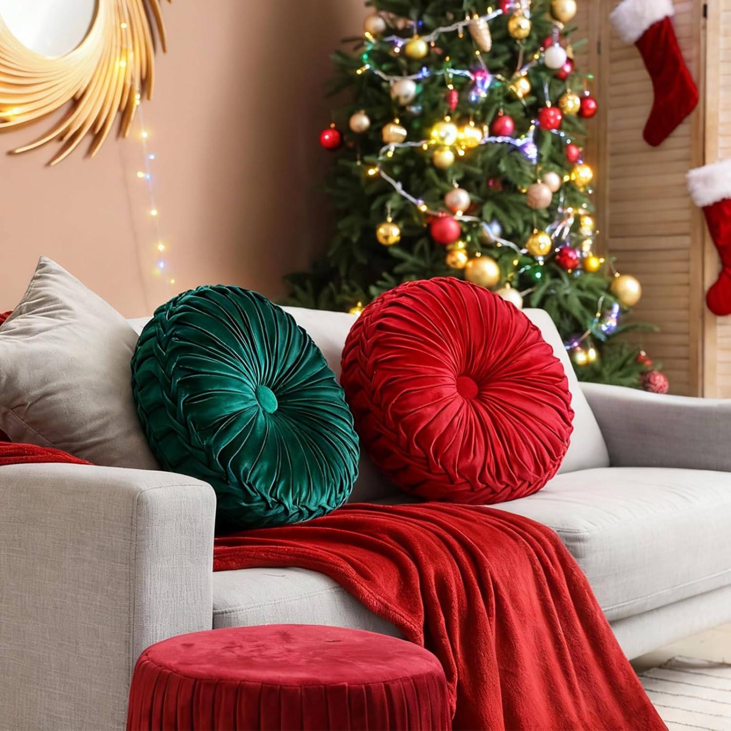 2 Pcs Round Throw Pillows 15 Inch Decorative Velvet Pleated Pumpkin Floor Boho Pillows for Living Room Couch Chair Bed Sofa (Red and Green)