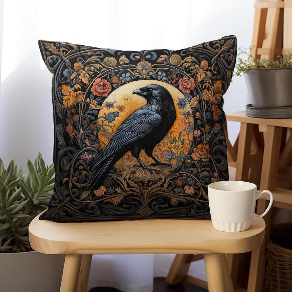 William Morris Abstract Vintage Floral Velvet Black Crow Design Throw Pillow Covers Home Decor, Retro Art Deco Pillowcase Cushion Cover for Bed Sofa Living Room, Square 18x18inch (Black-Crow)