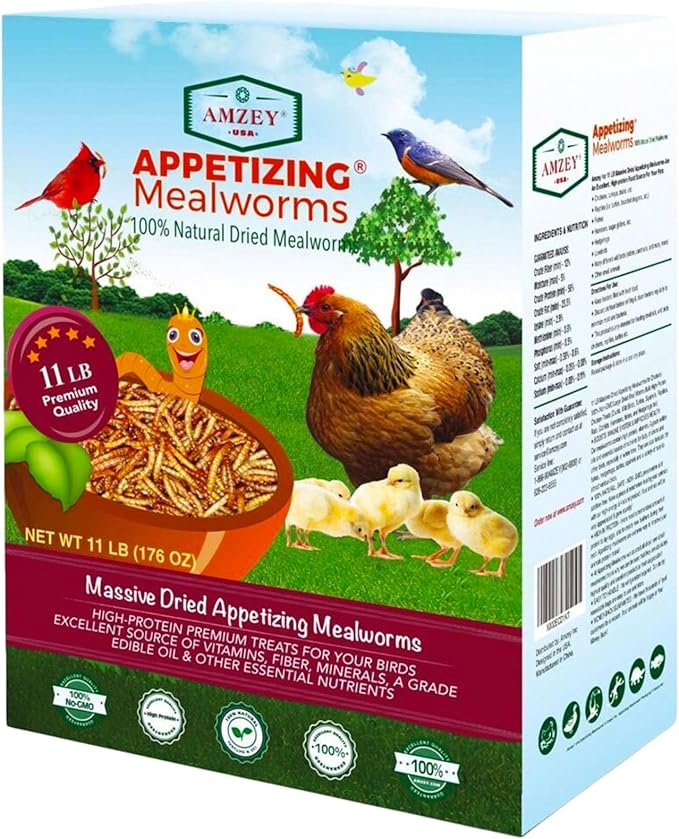 Amzey Dried Mealworms 11 LBS - 100% Natural for Chicken Feed, Bird Food, Fish Food, Turtle Food, Duck Food, Reptile Food, Non-GMO, No Preservatives, High Protein and Nutrition