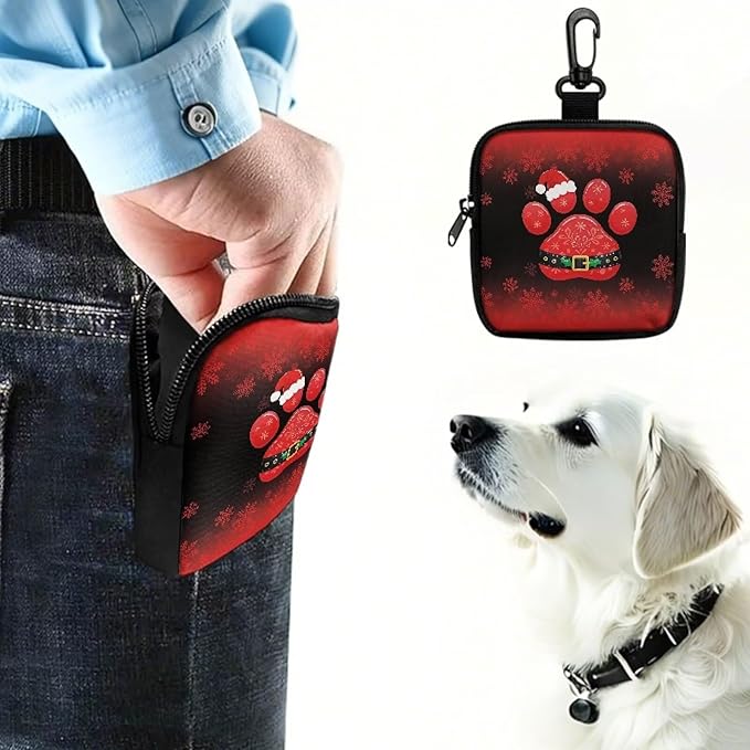 KEIAHUAN Christmas Paw Print Dog Treat Pouch Dog Training and Walks Snack Bag with Clasp Christmas Theme Pet Treat Container, Zipper Closure, Xmas Keychain Pouch Small Coin Bag