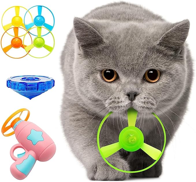 Cat Fetch Toy, Interactive Flying Cat Toy with 1 Light Up Spinning Tops, 1 LED Propellers and 4 Flying Propellers,Kitten Tracks Toy for Training Hunting Chasing(Pink)
