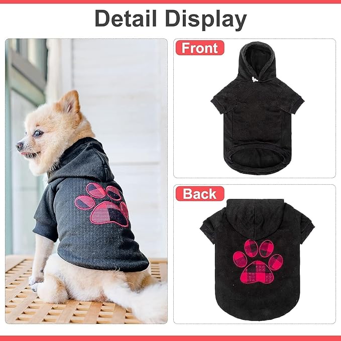 KOOLTAIL Plaid Dog Hoodie Pet Clothes Sweater with Hat and Pocket for Small Medium Large Size Dogs, Soft Winter Warm Dog Cold Weather Coat, Fleece Fall Dog Hooded Sweatshirt for Puppy Cats, Black SM