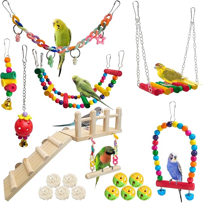 Hamiledyi 17Pcs Parrot Swing Toys Perches Platform with Bird Climbing Ladder Chewing Hanging Standing Colorful Toys Cage Accessories for Parakeet, Conure, Finch, Lovebirds, Budgie, Canary