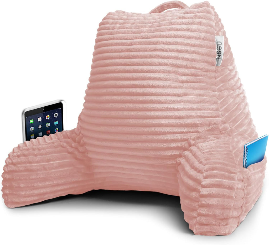 Nestl Reading Pillow with Shredded Memory Foam, Luxe Cut Plush Back Pillow for Sitting Up in Bed, Back and Arms Adjustable Support for Adult & Teens, Backrest Pillows with Washable Cover Peach Beige