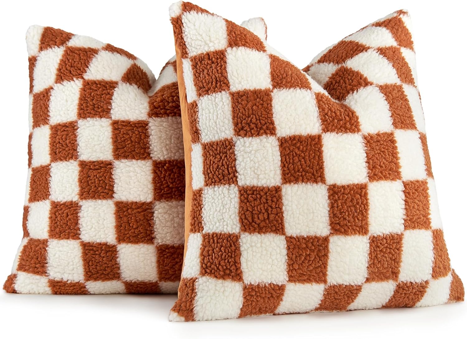 AmHoo Pack of 2 Decorative Throw Pillow Covers Checkerboard Luxury Super Soft Faux Fur Wool Set Case Cushion for Couch Sofa Bedroom 18 x 18-Inch Burnt Orange