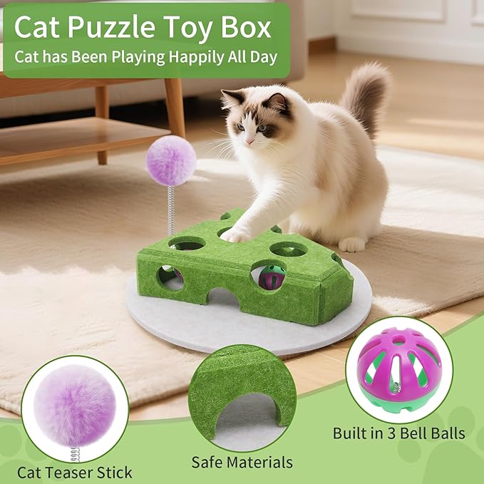 Interactive Felt Cat Toy Box for Indoor Cats,Puzzle Toy with 3 bell Balls & Spring Teaser Pet Games Self Play Fun Exercise Hide Seek Moving Cat Toy for Bored Cats Encourages Hunting Instincts (Green)