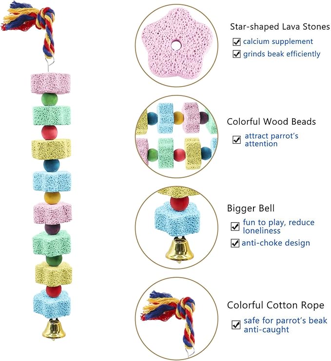 2 Pack Bird Chewing Toy, Colorful Parrot Beak Grinding Calcium Stone with Bells, Cage Accessories for Cockatiels Parakeets Parrots Budgies Lovebirds Rat Hamster Chinchilla Rabbit Bunny African Grey