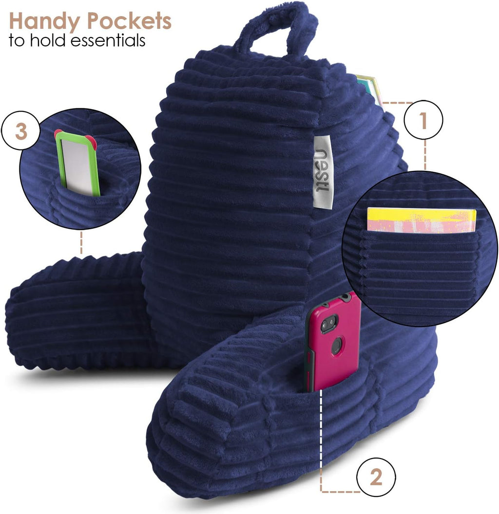 Nestl Reading Pillow for Kids & Teens with Shredded Memory Foam, Luxe Cut Plush Backrest Pillows for Reading and Gaming, for use on Couch, Bed, Floor, Adjustable Support with Washable Cover Navy Blue
