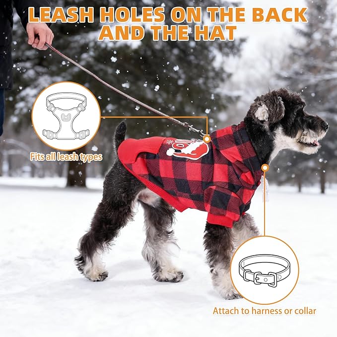 KOOLTAIL Christmas Dog Hoodie, Red Plaid Pet Sweater, Hat Hooded Sweatshirt Dog Clothes for Small Medium Large Dogs Boys Girls, Soft Warm Winter Cold Weather Coat with Leash Hole&Pocket, Santa, XL
