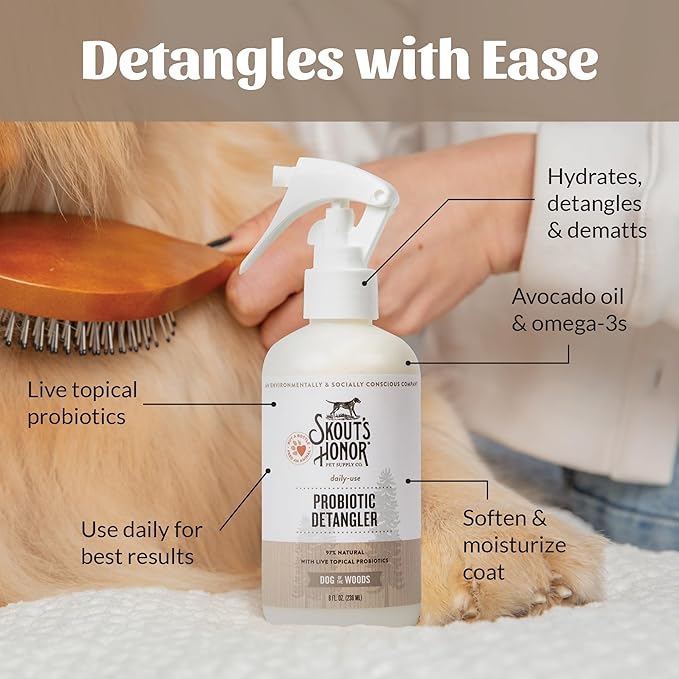 Skout's Honor Probiotic Pet Detangler Spray - Hydrating & Conditioning with Avocado Oi, 97% Natural, Paraben & Sulfate-Free, softens for a More brushable Coat, Daily Use, 8oz, Dog of The Woods