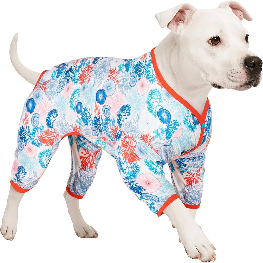 LovinPet Pajamas Outfit, Undershirt for Dog Coats, Lightweight Soft Fabric, Coral Trees and Shells Print, UV Protection Shirt, Easy to Wear Adorable Dog Clothes, Blue, XL