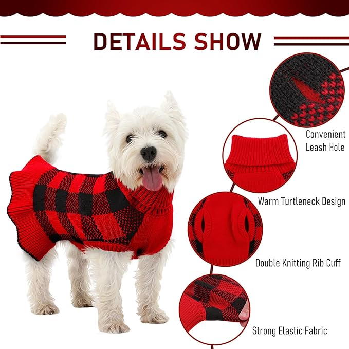 Dog Sweater Dress Plaid Knitwear for Small Medium Dogs Warm Puppy Pet Turtleneck Stretch Pullover Cute Fall Winter Vest Clothes with Leash Hole for Christmas (Red, XL)