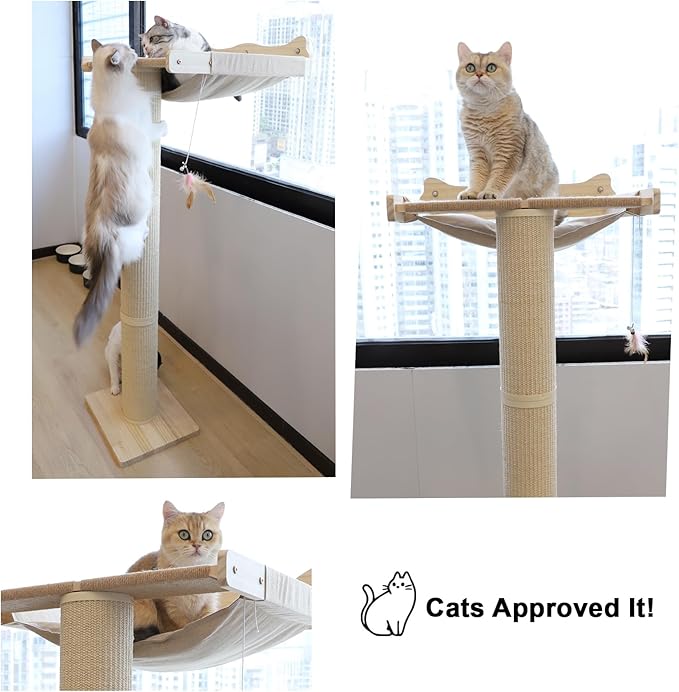 Upgraded Cat Window Perch with Scratching Post, 54.3" Adjustable Cat Tall Scratching Posts & Suction Cup – Multi-Level Perch for Climbing, Bird Watching, and Play, Supports 60 lbs (Drilling-Free)