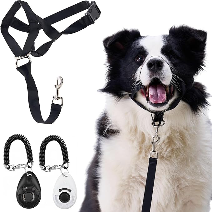 Gentle Leader for Dogs + 2X Dog Training Clicker – Gentle Leader with Quick-Snap Neck Strap & Nose Loop – Bonus Clickers with Wrist Strap for Obedience & Leash Training