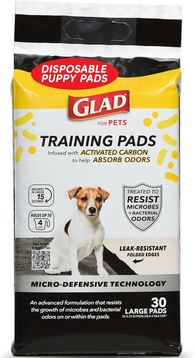 Glad for Pets Activated Carbon Anti-Microbial Dog Training Pads with Odor Eliminator - Ultra Absorbent Pee Pads for Dogs, Heavy Duty Indoor Pee Mats, Puppy Essentials, 23" x 23", 30 Count
