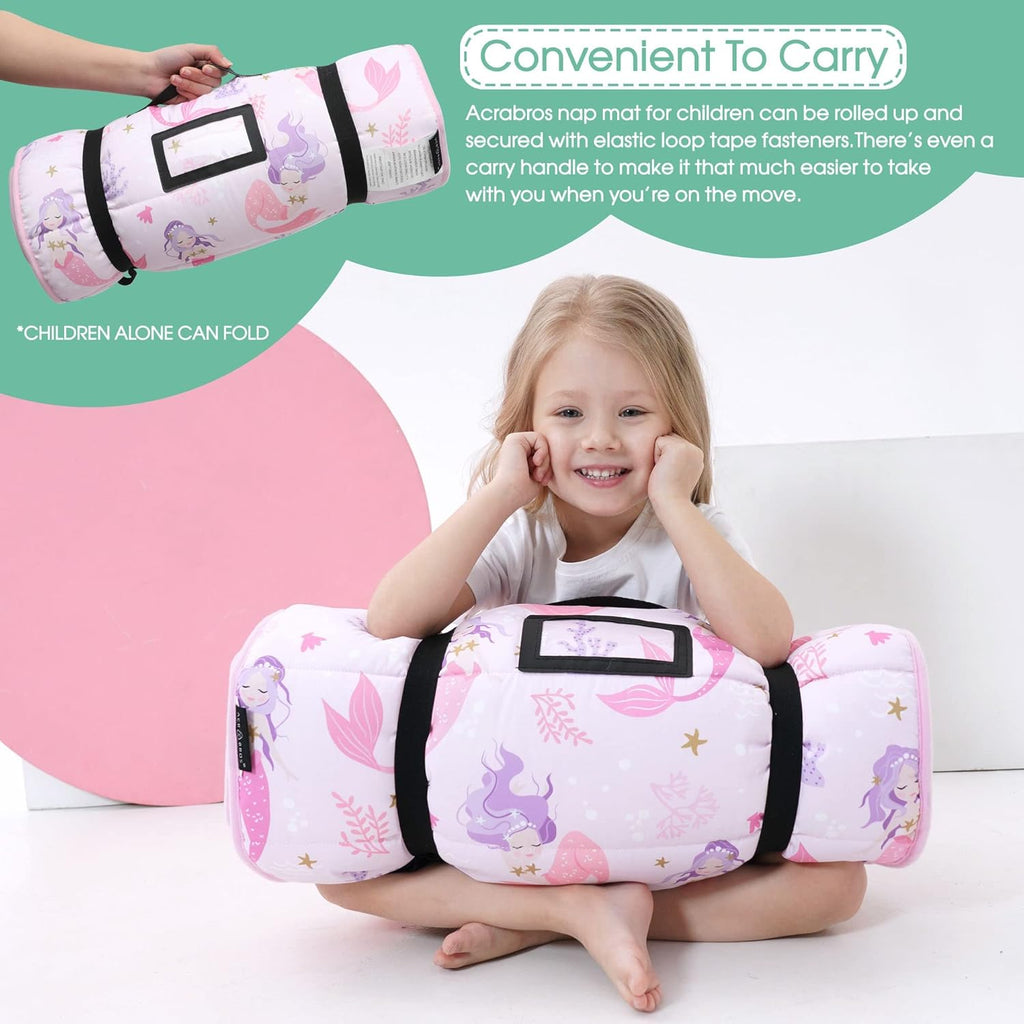 ACRABROS Toddler Nap Mat with Pillow and Blanket, Extra Large Rolled Napping Mats,Slumber Bags for Boys Girls,Kids Sleeping Bag for Daycare, Preschool Travel Camping,Mermaid