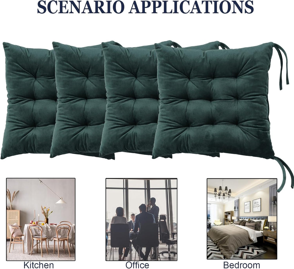 Set of 4 Chair Cushions for Dining Chairs with Ties, Indoor Non-Slip Kitchen Chair Pad and Dining Room Seat Cushion Mat for Office Living Room Outdoor 15.5" - Dark Green
