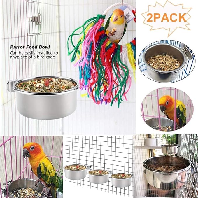 Kathson 2 Pack Bird Feeding Dish Cups, Stainless Steel bird bowls Parrot Feeders Water Cage Bowls with Clamp Holder Bird Feeders for Parakeet Cockatiels Conure Budgies Lovebird Finch and Small Animals