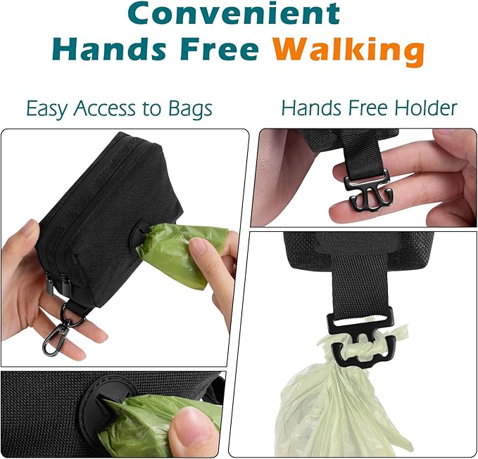 PetBonus Dog Poop Bag Holder, Portable Pet Waste Bag Dispenser, 2 Pouches for Treats and Walking Accessories, Fit All Leashes, Includes 1 Roll of Dog Poop Bags (Black)