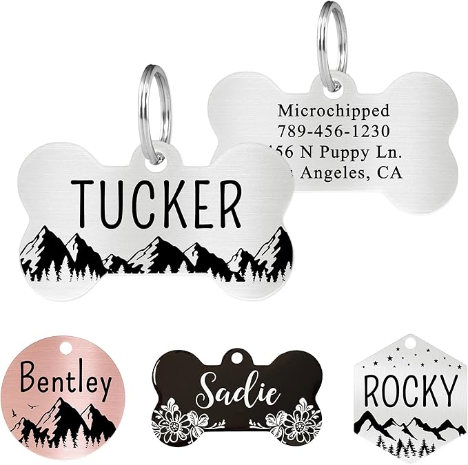 Ultra Joys Personalized Dog and Cat Tags - Stainless Steel, Custom Engraving Front and Back, Bone Tag Mountain Design, Silver Small