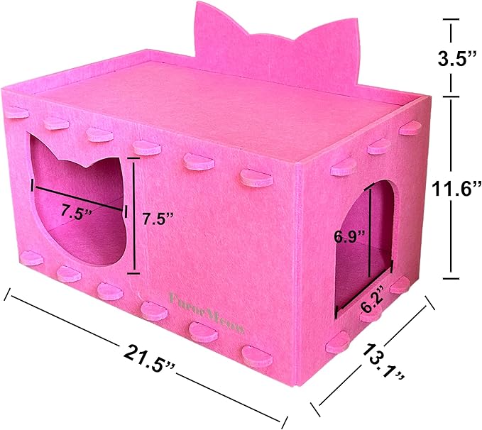 Cat House Cat Ear Design, Large Spacious Cozy Indoor Cat Bed Cave, Scratch Resistant Strong Thick Premium Felt Condo, Fun Hideaway for Multiple Cats, 21.5x13x11.6 inches (Pink)