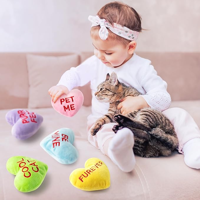 MALLMALL6 5Pcs Conversation Heart Candy Catnip Toys for Cat, Catmint Interactive Kitten Teething Chew Kick Toy for Indoor Cats, Soft Pet Sweetheart Gift Supplies