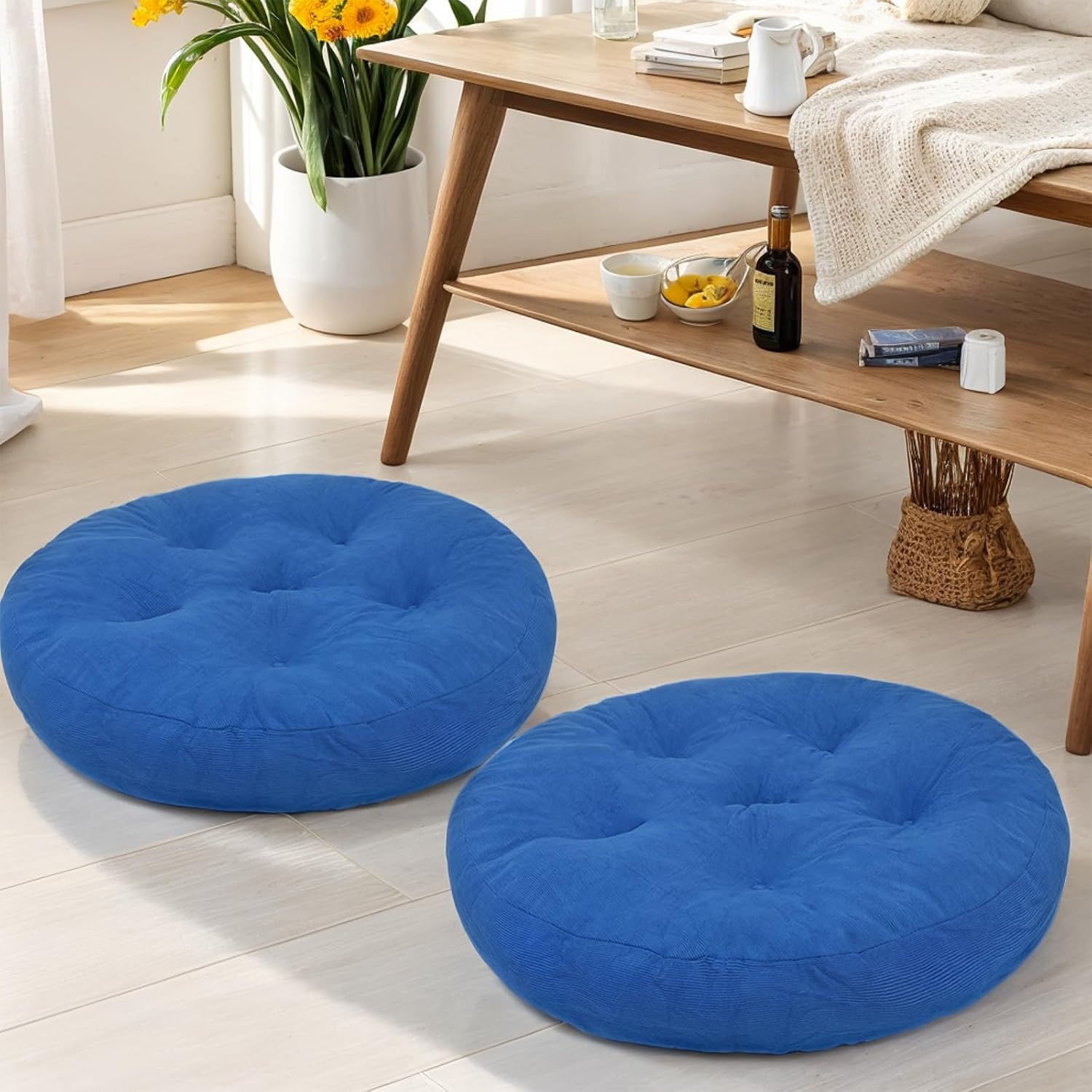 Meditation Floor Pillow Set of 2, Round Large Pillows Seating for Adults, Tufted Corduroy Cushion for Tatami Living Room, 22x22 Inch FP-Dblue-R