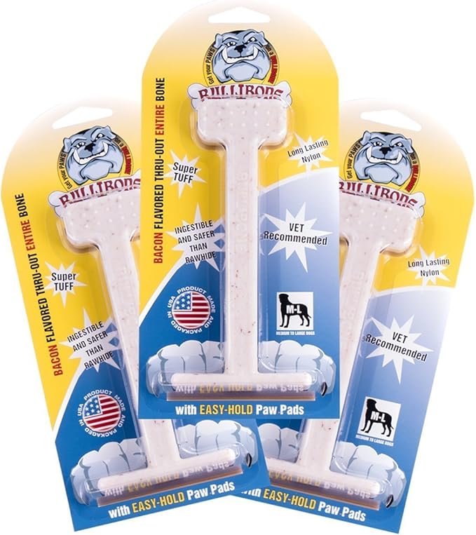 Bullibone Nylon Dog Chew Toy Nylon Bone - Improves Dental Hygiene, Easy to Grip Bottom, and Permeated with Flavor (Bacon, Large - 3 Pack)