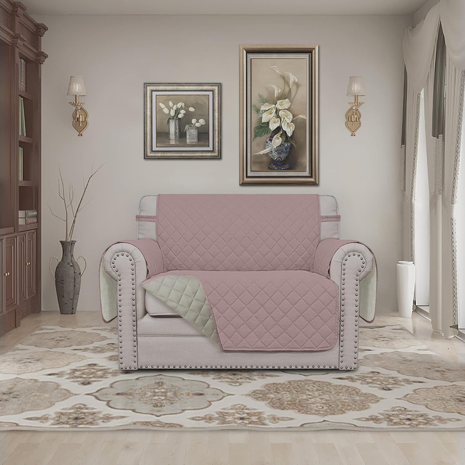 Easy-Going Oversized Chair Sofa Slipcover Reversible Sofa Cover Water Resistant Couch Cover Furniture Protector Cover with Elastic Straps for Pets Dog (Oversized Chair, Pink/Beige)