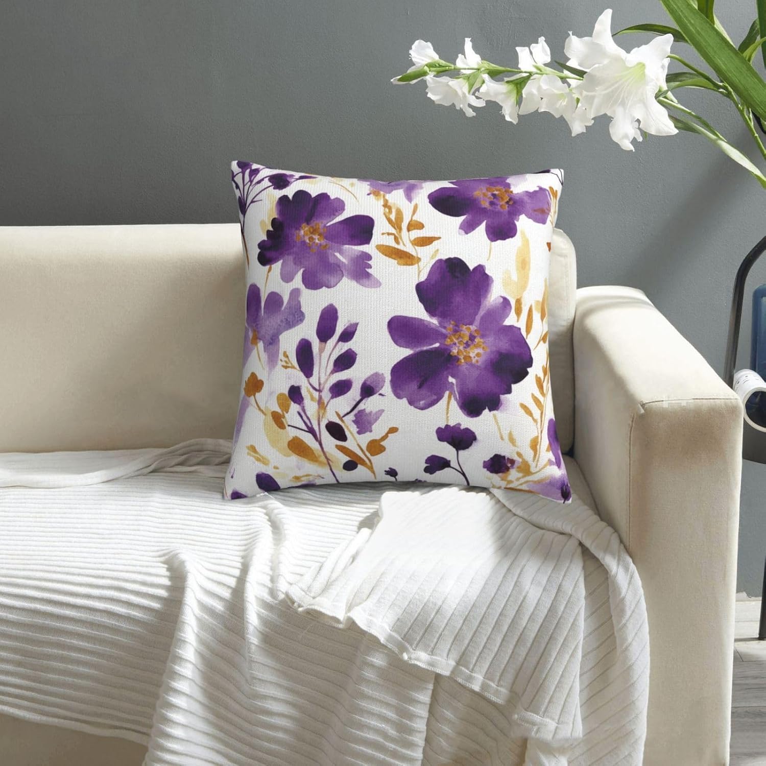 Purple Floral Throw Pillow Covers 18X18 Inch Set of 2, Decorative Violet and Gold Flower Pillows, Modern Boho Farmhouse Pillowcase for Couch Sofa Bedroom Living Room Home Decor Purple Yellow White