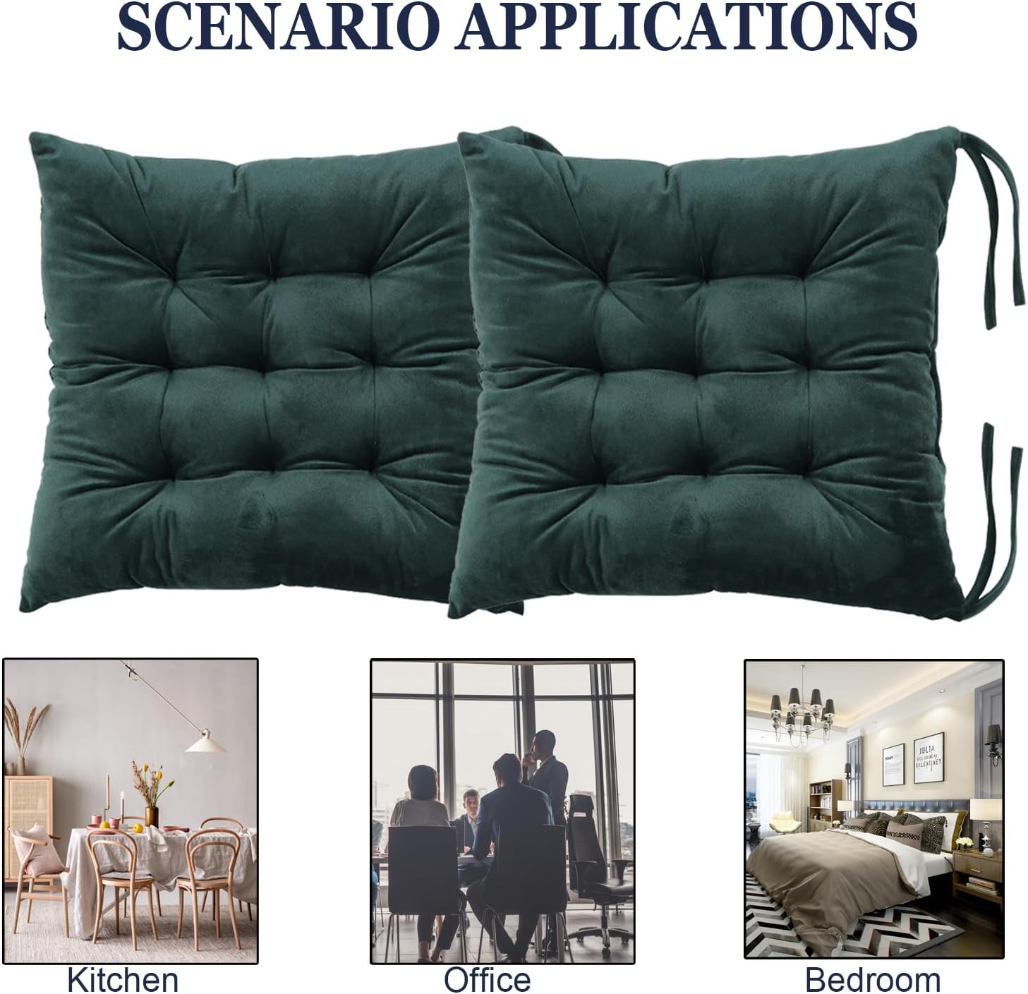 2 Pack Square Seat Cushion Chair Pads for Kitchen Dining Chairs, Soft Comfort Velvet Chair Mat Pillow Cushions with Ties for Office Desk Living Room Tatami 15.5", Dark Green