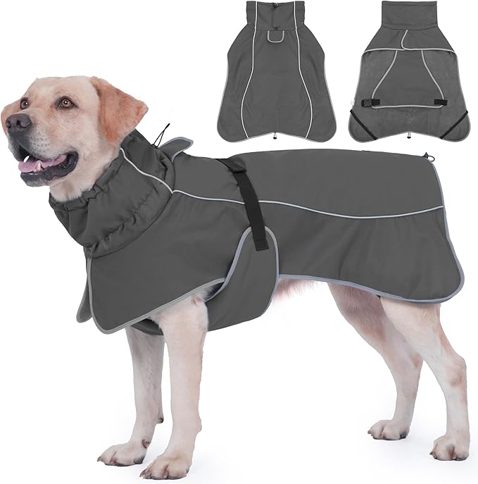 Dog Raincoat, Waterproof Dog Coat with Reflective Straps, Leash Hole & Polar Fleece Lining, Winter Snow Rain Coat for Small, Medium & Large Dogs, Warm, Windproof Vest Jackets