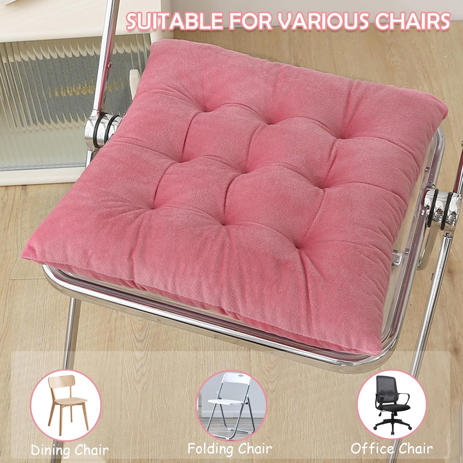 4 Pack Square Seat Cushion Chair Pads for Kitchen Dining Chairs, Soft Comfort Velvet Chair Mat Pillow Cushions with Ties for Office Desk Living Room Tatami 15.5", Pink